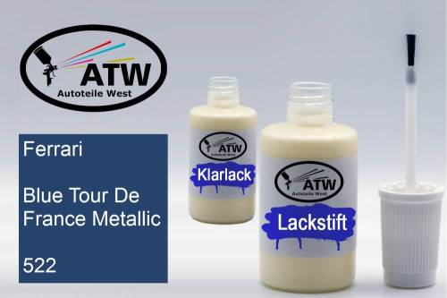 Ferrari, Blue Tour De France Metallic, 522: 20ml Lackstift + 20ml Klarlack - Set, von ATW Autoteile West.